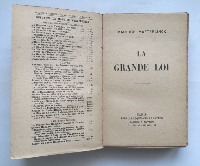 LA GRANDE LOI di Maurice Maeterlinck 1933 Bibliotheque Charpentier Libro