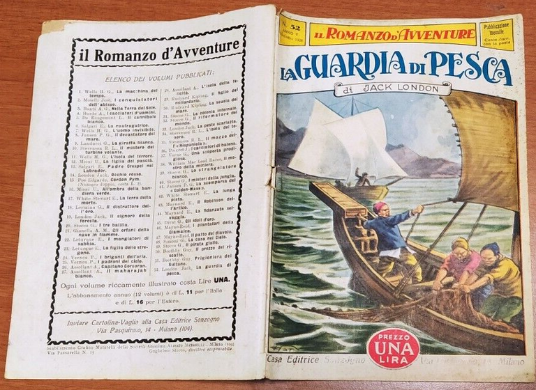 LA GUARDIA DI PESCA di Jack London 1928 Sonzogno Romanzo …