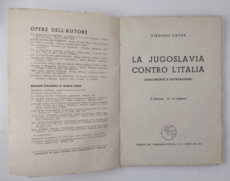 LA JUGOSLAVIA CONTRO L'ITALIA di Virginio Gayda 1941 Il Giornale …