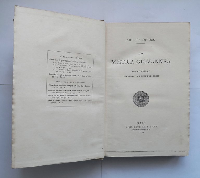 LA MISTICA GIOVANNEA di Adolfo Omodeo 1930 Laterza libro saggio …