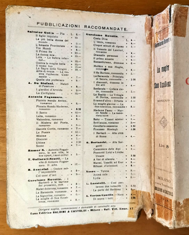 LA MOGLIE DI SUA ECCELLENZA Gerolamo Rovetta 1926 Baldini Castoldi …