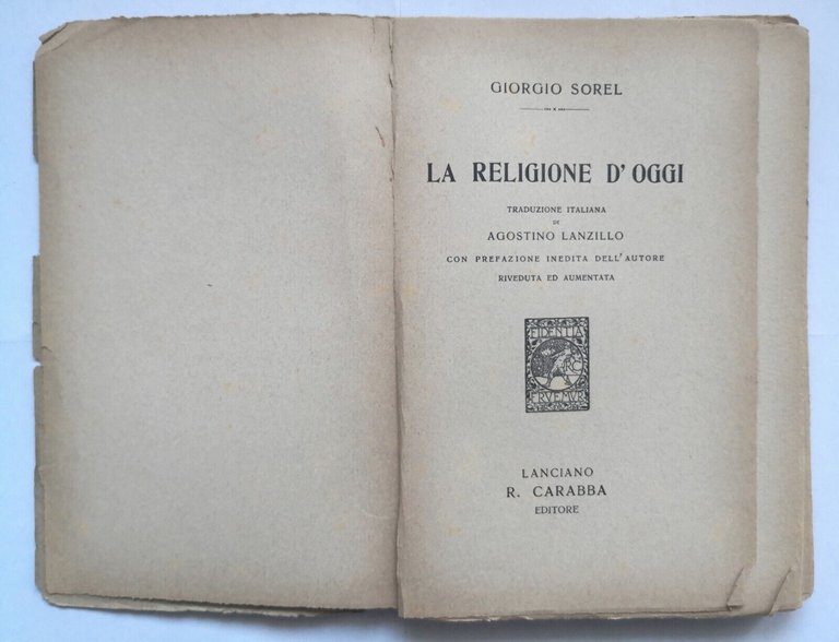 LA RELIGIONE D'OGGI di Giorgio Sorel Libro Editore Carabba filosofia