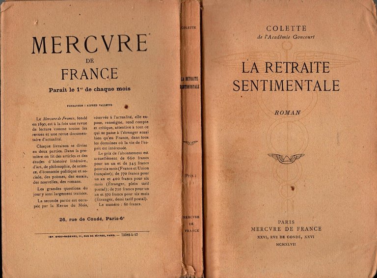 LA RETRAITE SENTIMENTALE di Colette 1947 Mercure de France Libro