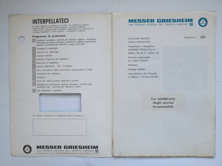LA SALDATURA DEGLI ACCIAI INNOSSIDABILI opuscolo Messer Griescheim tecnica sulla