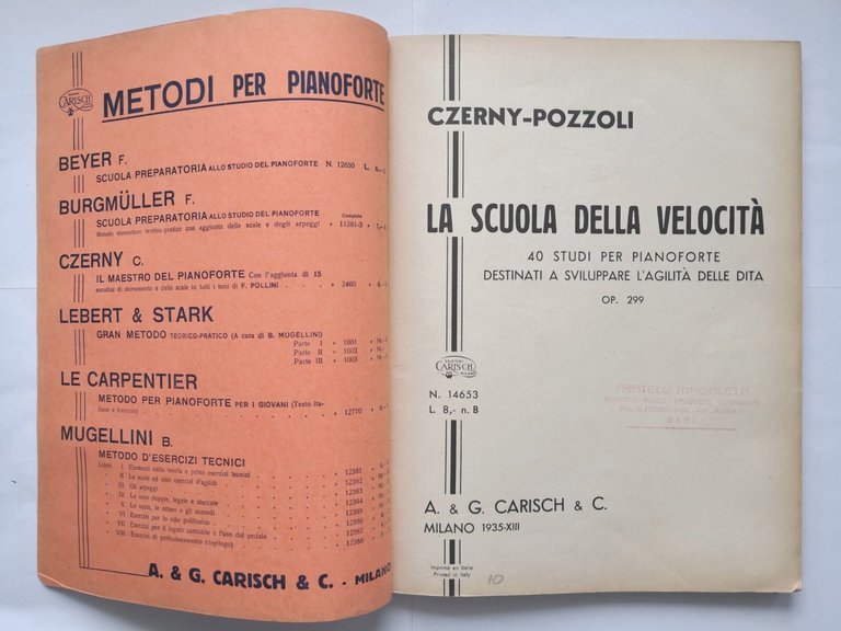 LA SCUOLA DELLA VELOCITÀ di Czerny Pozzoli 1935 Carisch libro …