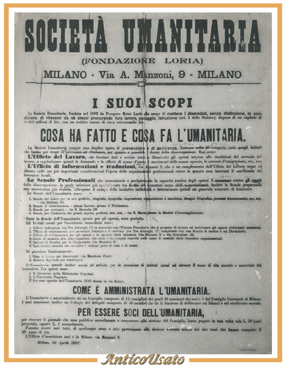 LA SOCIETÀ UMANITARIA FONDAZIONE P M LORIA MILANO 1893 1963 …