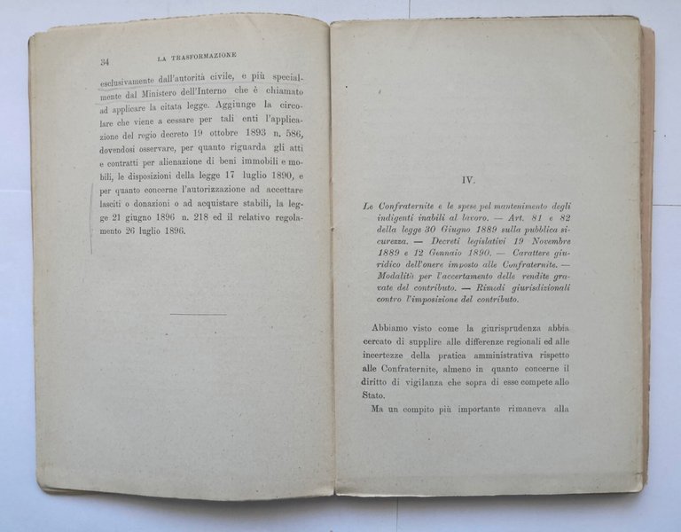 LA TRASFORMAZIONE DELLE CONFRATERNITE NEL DIRITTO PUBBLICO ITALIANO 1899 libro
