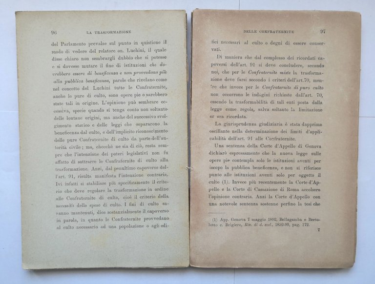 LA TRASFORMAZIONE DELLE CONFRATERNITE NEL DIRITTO PUBBLICO ITALIANO 1899 libro