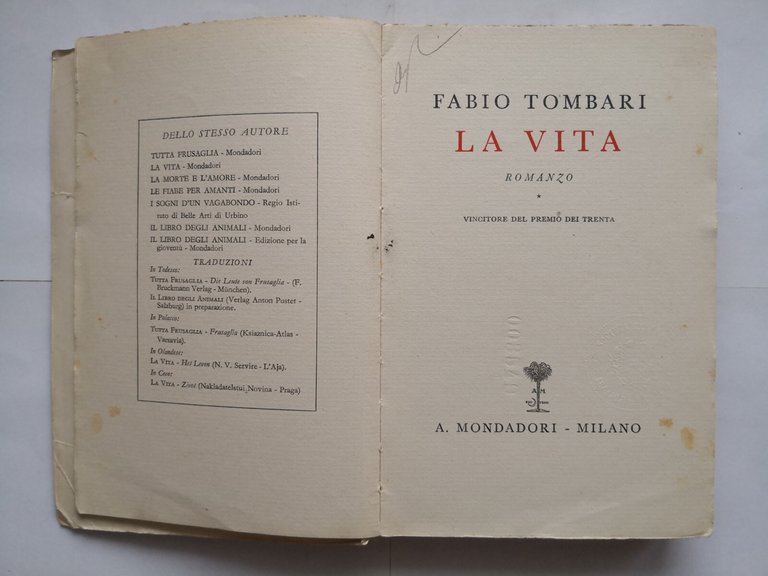 LA VITA di Fabio Tombari 1939 Mondadori libri azzurri romanzo