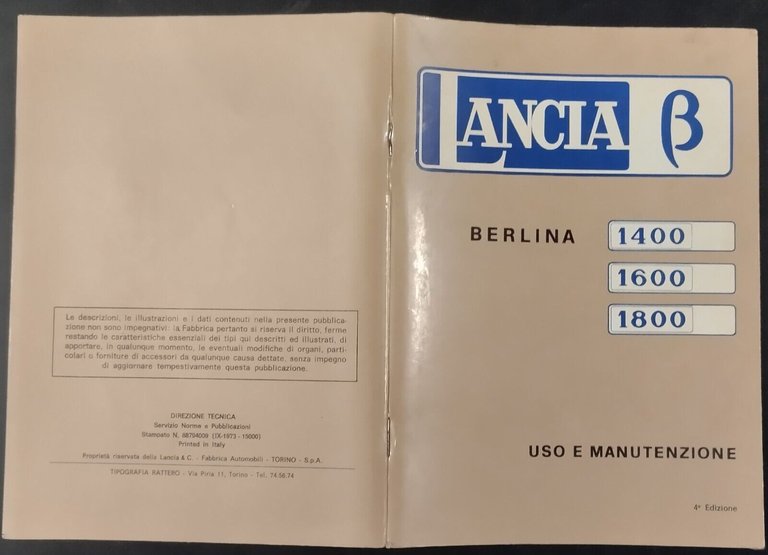 LANCIA BETA BERLINA 1400 1600 1800 uso e manutenzione 1974 …