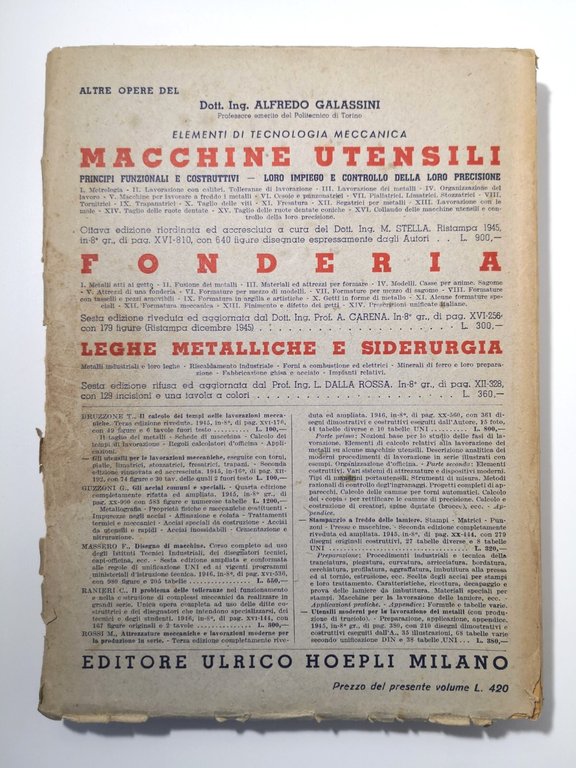 LAVORAZIONE A CALDO di Alfredo Galassini 1945 Hoepli Libro Manuale …