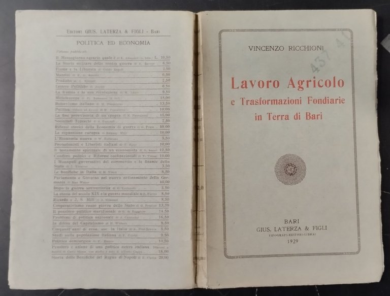 LAVORO AGRICOLO TRASFORMAZIONI FONDIARIE TERRA DI BARI Ricchioni Laterza Libro