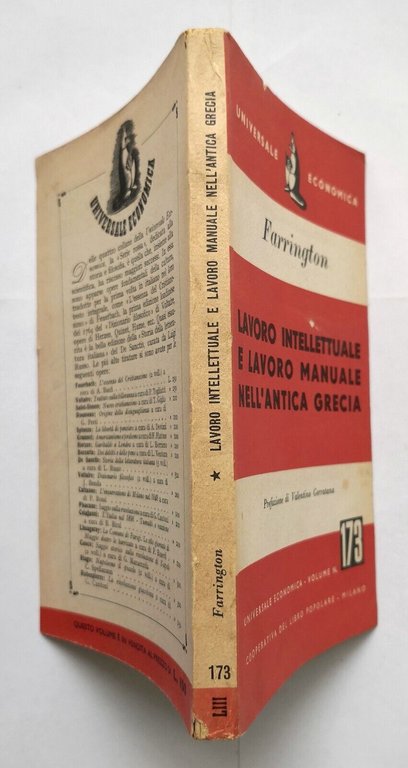LAVORO INTELLETTUALE LAVORO MANUALE NELL'ANTICA GRECIA di Farrington 1953 Libro