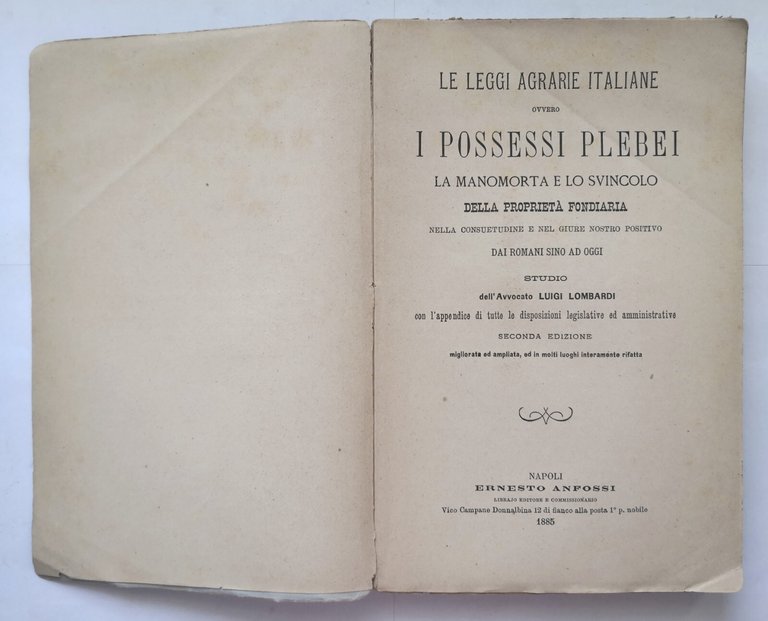 LE LEGGI AGRARIE ITALIANE I POSSESSI PLEBEI di Luigi Lombardi …