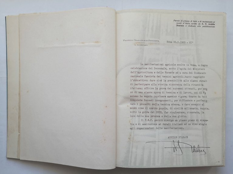 LE MANIFESTAZIONI AGRICOLE DEL DECENNALE 1932 Sindacato Nazionale Fascista Libro