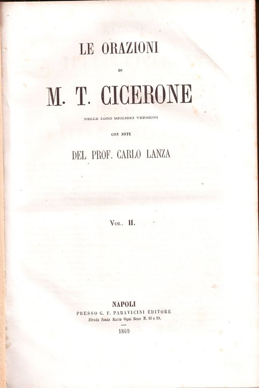 LE ORAZIONI di Marco Tullio CICERONE 3 volumi 1868 Lanza …