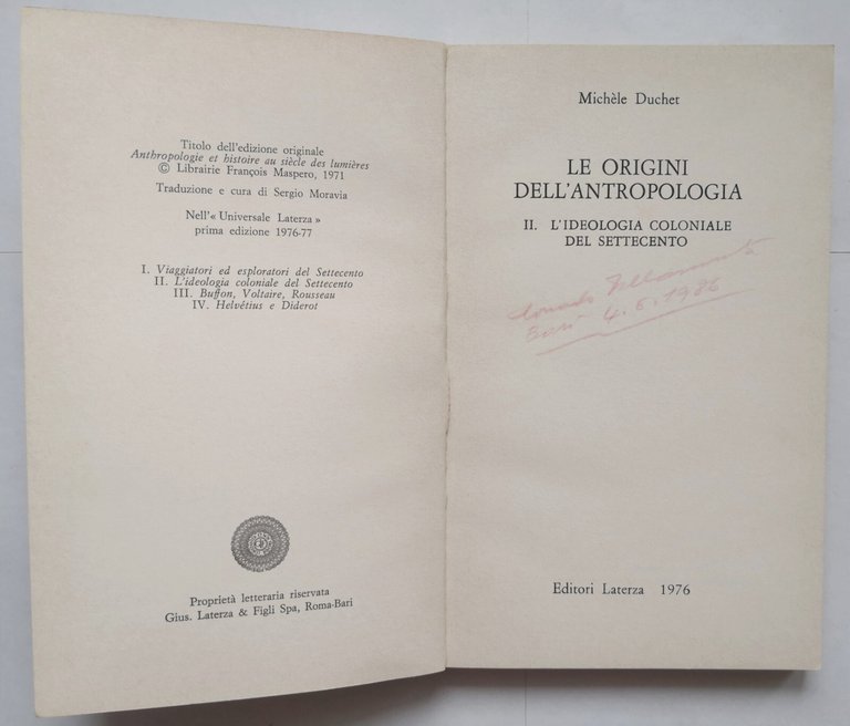 LE ORIGINI DELL' ANTROPOLOGIA volume 2 di Michele Duchet 1976 …