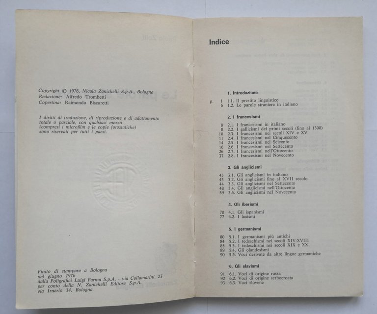 LE PAROLE STRANIERE di Paolo Zolli 1976 Zanichelli libro