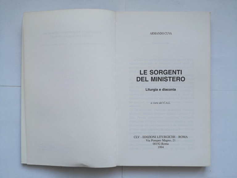 LE SORGENTI DEL MINISTERO di Armando Cuva 1994 Edizioni liturgiche …
