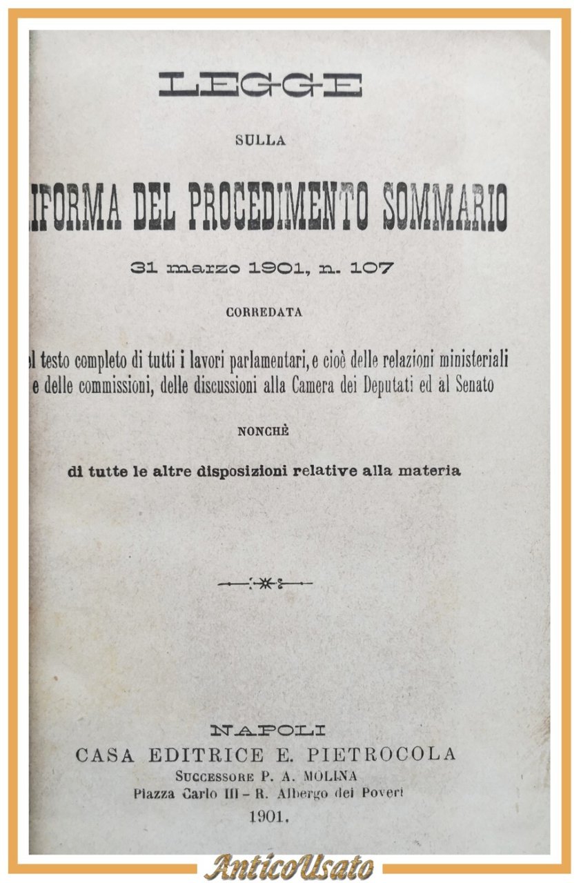 LEGGE RIFORMA DEL PROCEDIMENTO SOMMARIO + DECRETO + PROCURATORE 1901 …