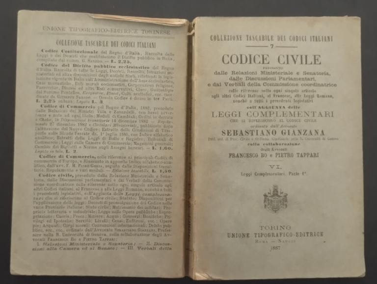 LEGGI COMPLEMENTARI AL CODICE CIVILE Parte 1 1887 UTET Libro …