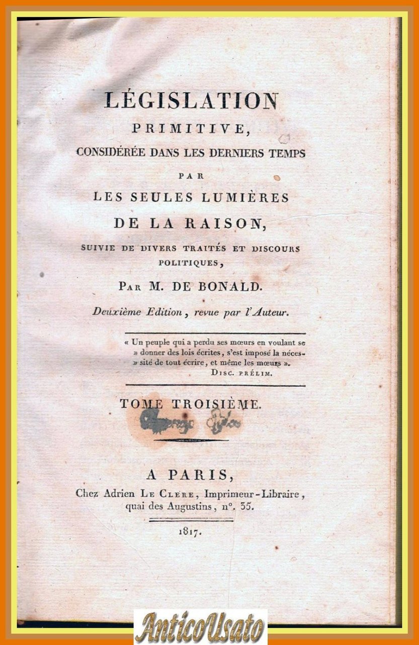 LEGISLATION PRIMITIVE solo il Tomo III de Bonald 1817 Le … | Immagine principale