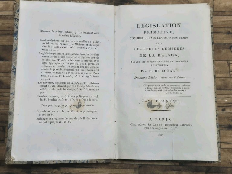 LEGISLATION PRIMITIVE solo il Tomo III de Bonald 1817 Le … | Immagine Gallery 2