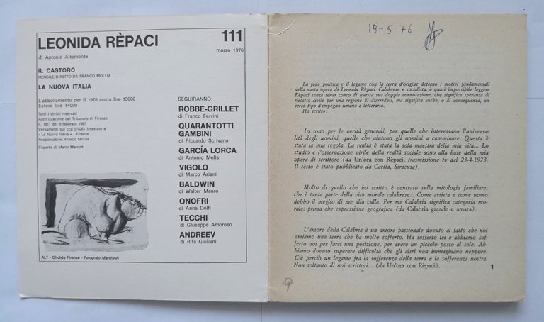 LEONIDA REPACI di Antonio Altomonte rivista CASTORO 1976 La Nuova …