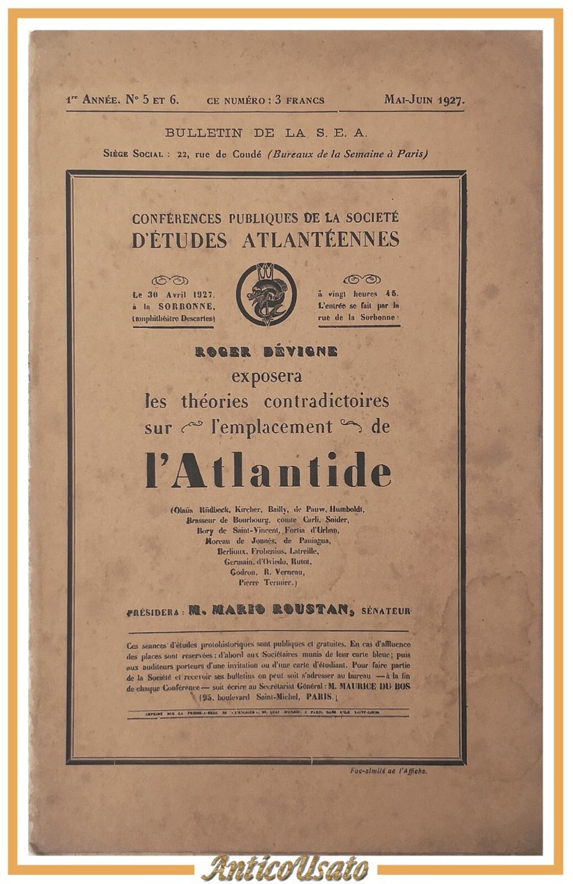 LES THEORIES CONTRADICTOIRES SUR L'EMPLACEMENT DE L'ATLANTIDE 1927 Libro Devigne