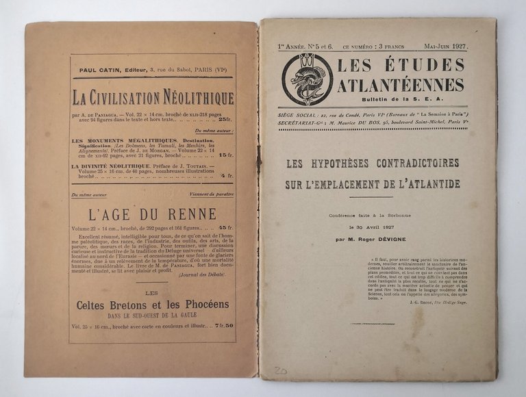 LES THEORIES CONTRADICTOIRES SUR L'EMPLACEMENT DE L'ATLANTIDE 1927 Libro Devigne