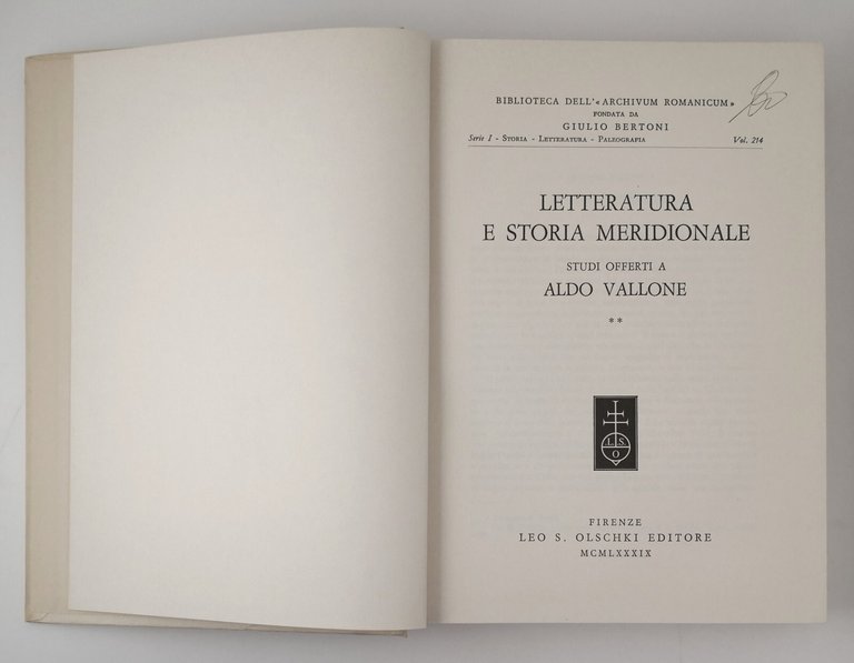 LETTERATURA E STORIA MERIDIONALE 2 studi offerti Aldo Vallone 1989 …