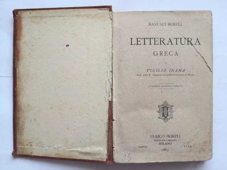 LETTERATURA GRECA di Vigilio Inama 1884 Ulrico Hoepli libro manuale …