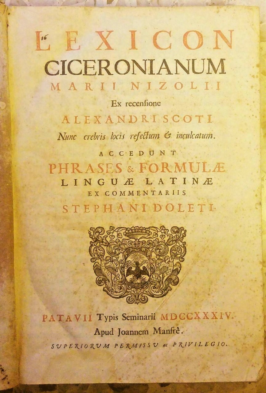 LEXICON CICERONIANUM Marii Nizoli Scoti 1734 Manfrè libro antico Cicerone
