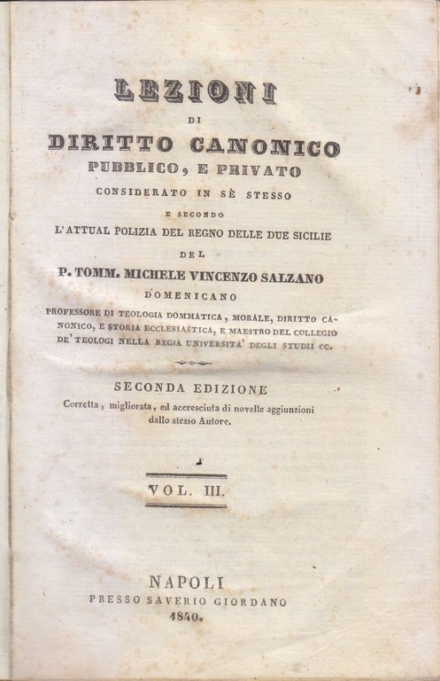 LEZIONI DI DIRITTO CANONICO PUBBLICO E PRIVATO Salzano 4 tomi …