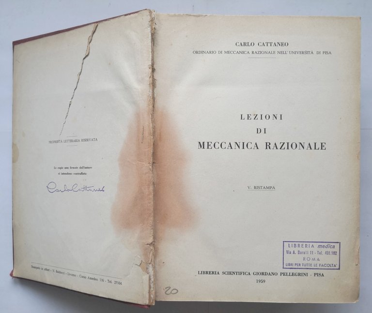 LEZIONI DI MECCANICA RAZIONALE di Carlo Cattaneo 1959 Pellegrini Libro