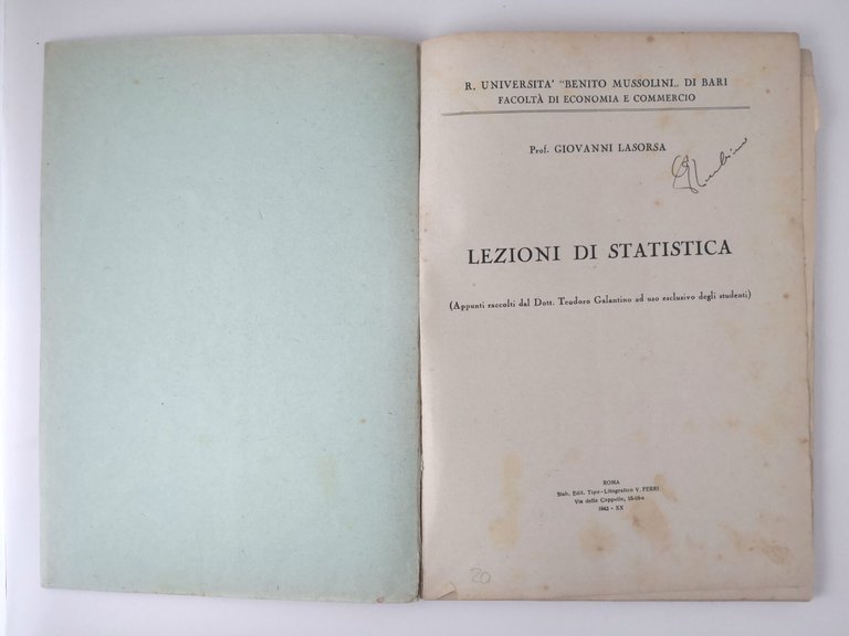 LEZIONI DI STATISTICA di Giovanni Lasorsa 1942 Ferri Libro Universitario