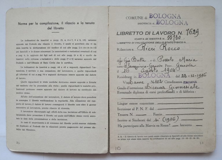 LIBRETTO DI LAVORO Ministero delle Corporazioni fascismo 1936