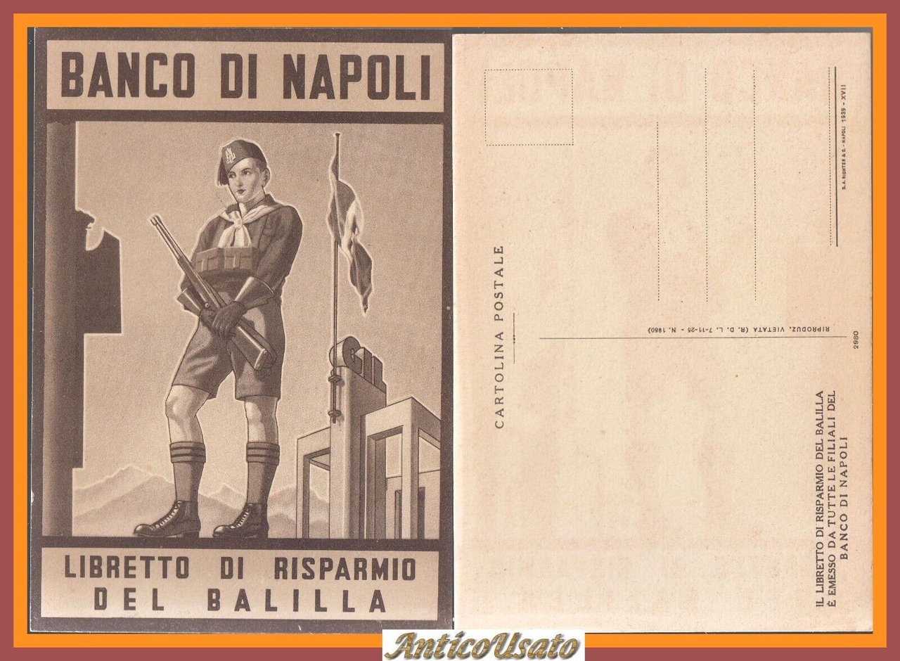 LIBRETTO DI RISPARMIO DEL BALILLA Cartolina pubblicitaria vintage Banco Napoli