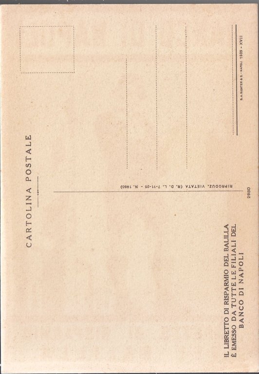 LIBRETTO DI RISPARMIO DEL BALILLA Cartolina pubblicitaria vintage Banco Napoli
