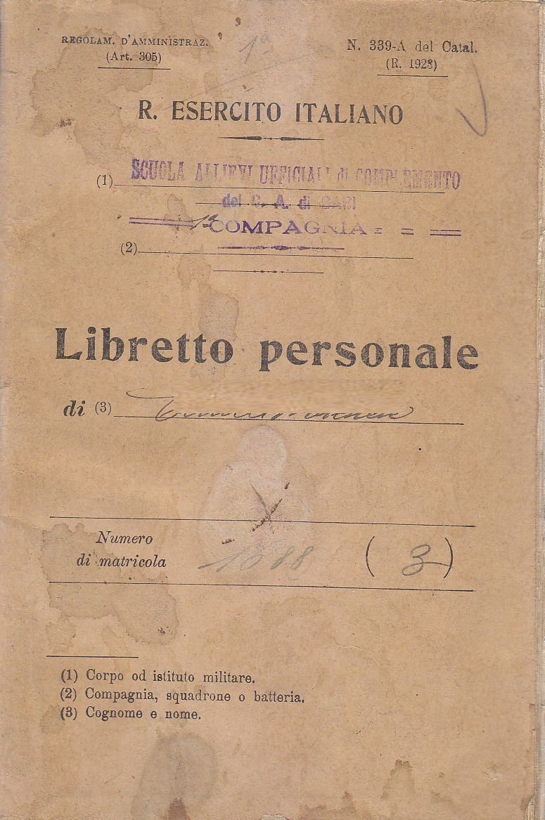 LIBRETTO PERSONALE 1927 Regio esercito italiano scuola allievi ufficiali guerra