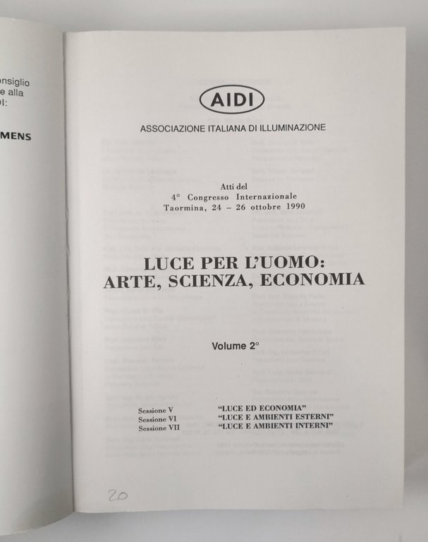 LUCE PER L'UOMO ARTE SCIENZA ECONOMIA volume 2 1990 AIDI …
