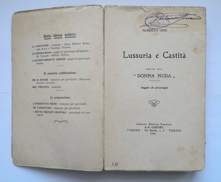 LUSSURIA E CASTITÀ di Alberto Orsi 1910 Cordier Libro saggio …