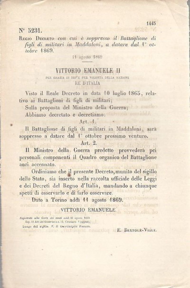 MADDALONI FIGLI DI MILITARI BATTAGLIONE REGIO DECRETO 11 agosto 1869 …