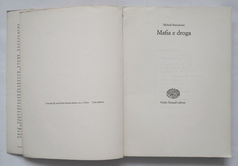 MAFIA E DROGA di Michele Pantaleone 1972 Einaudi Libro