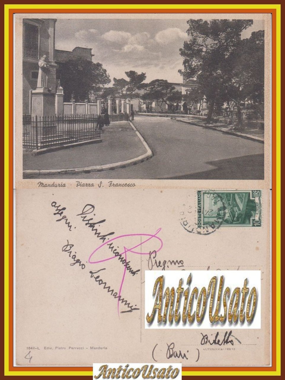 MANDURIA Piazza San Francesco Cartolina Viaggiata 1952 Taranto Edizioni Perrucci | Immagine principale