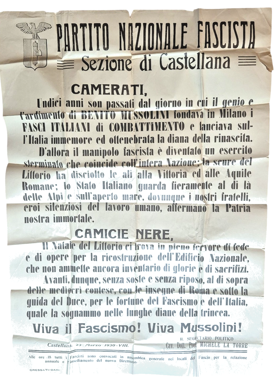 MANIFESTO Partito Nazionale Fascista Castellana Grotte 1930 Puglia Poster murale | Immagine principale