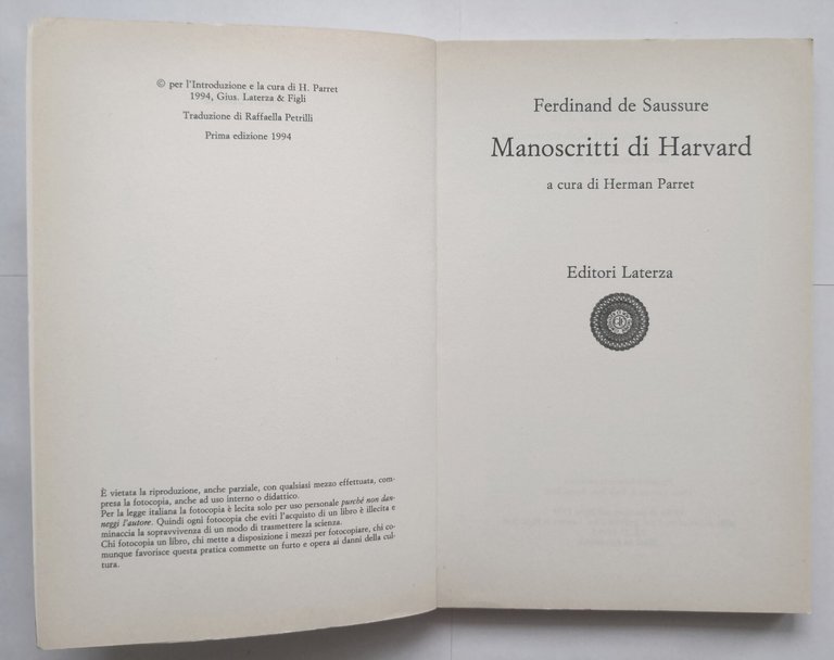 MANOSCRITTI DI HARVARD di Ferdinand de Saussure 1994 Laterza Libro …