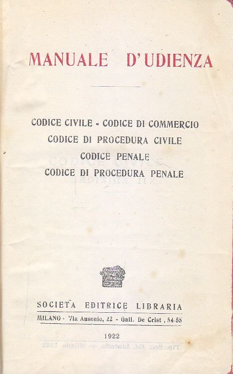 MANUALE D'UDIENZA codice civile commercio procedura civile penale 1922 libro