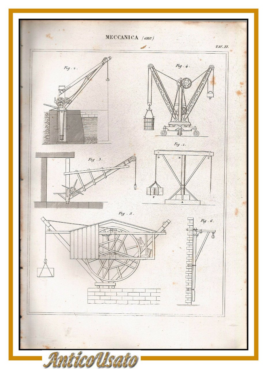 MECCANICA GRU Incisione Stampa Vintage 1866 Tavola Originale antica no …