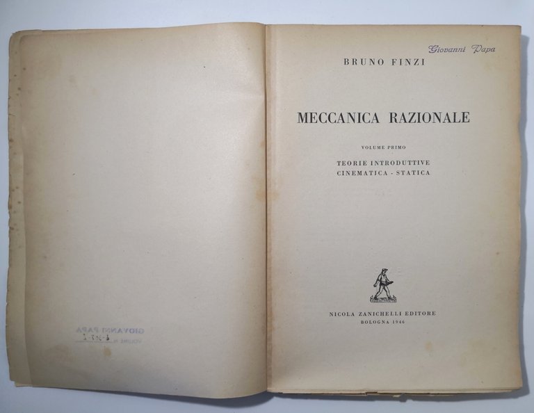 MECCANICA RAZIONALE Volume I cinematica statica di Bruno Finzi 1946 …